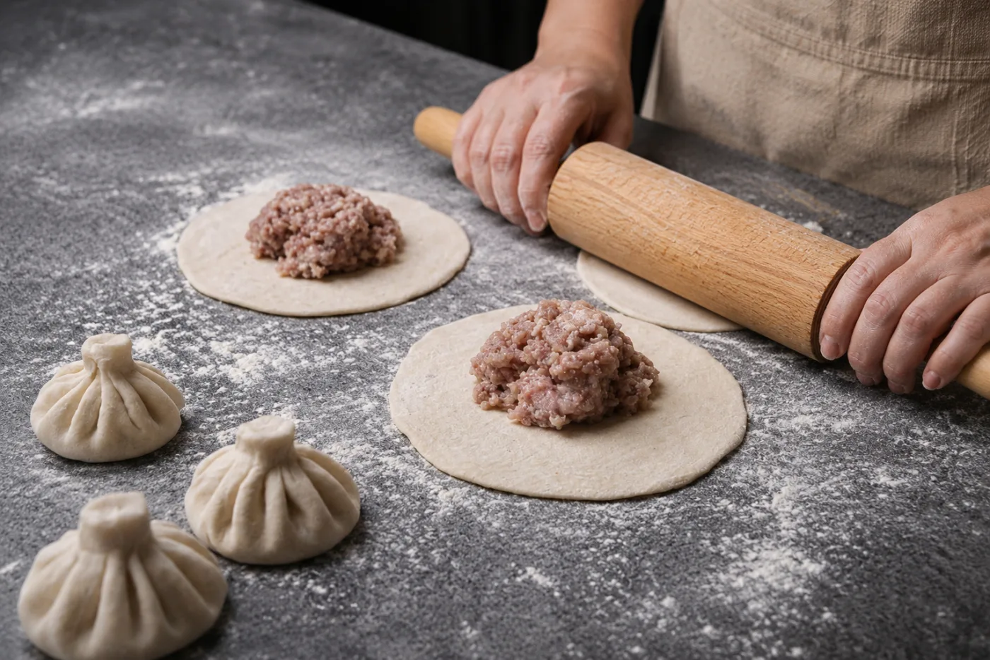 Khinkali werden von Hand gefaltet.